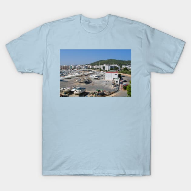 The Boatyard and Marina at Santa Eulalia, Ibiza T-Shirt by Violaman